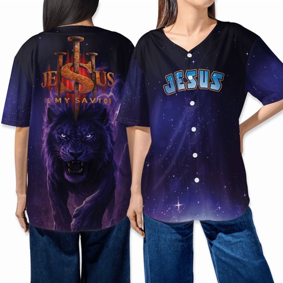 Jesus is My Savior Baseball Jersey – Fierce Lion and Nails Design – Christian Space Galaxy Shirt – Powerful Faith Apparel for Men and Women