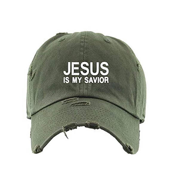 Jesus is My Savior Vintage Baseball Cap Embroidered Cotton Adjustable Distressed Dad Hat Olive