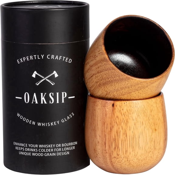 Oaksip Wooden Whiskey Glass, Drinking Glass for Bourbon Whiskey, Charred Oak Cup (2 Pack)