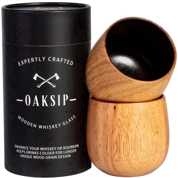 Oaksip Wooden Whiskey Glass, Drinking Glass for Bourbon Whiskey, Charred Oak Cup (2 Pack)