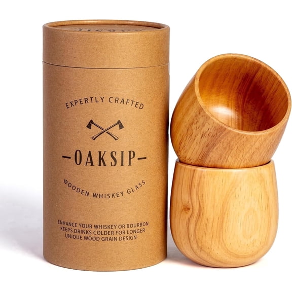 Oaksip Wooden Whiskey Glass, Drinking Glass for Bourbon Whiskey, Real Oak Cup (2 Pack)