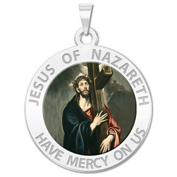 Jesus of Nazareth Religious Medal Color - 1 Inch Size of a Quarter -Solid 14K White Gold