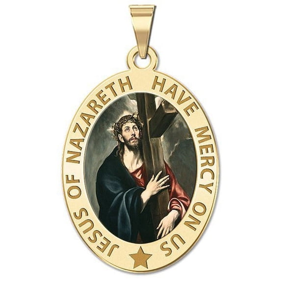 Jesus of Nazareth Religious Medal Color - 2/3 x 3/4 inch Size of Nickel, Solid 14K Yellow Gold