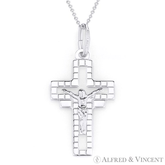 Jesus on Cross Pendant & Chain Necklace in .925 Sterling Silver w/ Rhodium