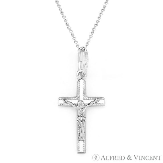 Jesus on Cross Pendant & Chain Necklace in .925 Sterling Silver w/ Rhodium