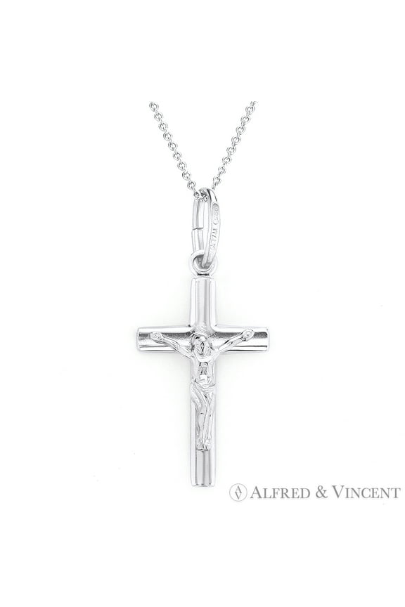 Jesus on Crucifix Catholic Latin Cross in .925 Sterling Silver w/ Rhodium