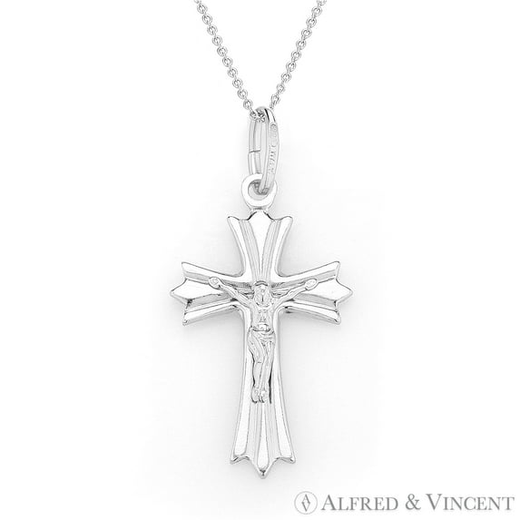 Jesus on Medieval Cross Pendant & Chain Necklace in .925 Sterling Silver w/ Rhodium