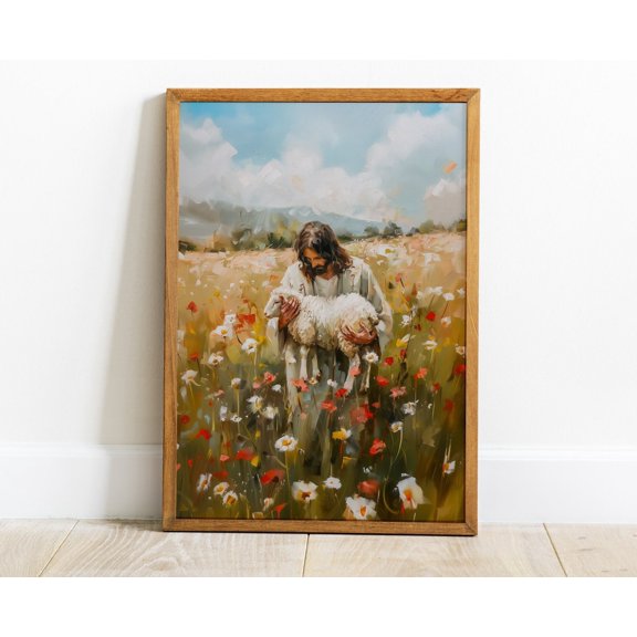 Jesus the Good Shepherd Wall Art Floral Modern Bible Art Parable Lost Sheep, Stretched Canvas 8x10in