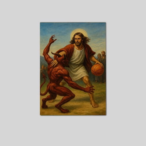 Jesus vs Devil Basketball Poster, Ironic Christian Wall Art Poster Full Size 24''x36'' Goldengate