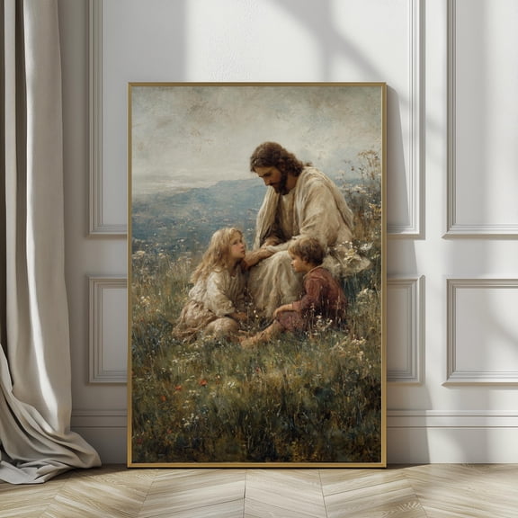 Jesus with Children Vintage Oil Painting, Christian able Wall Art, LDS Art, Bible Verse Wall Art, Religious