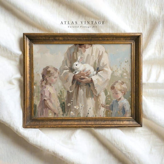 Jesus with Children and Bunny Wall Art Print Soft Meadow Scene Gentle Christian Home Decor Size 24x36 Unframed Poster
