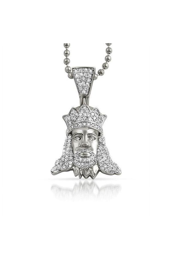 Jesus with Crown Iced Out CZ Pendant Rhodium