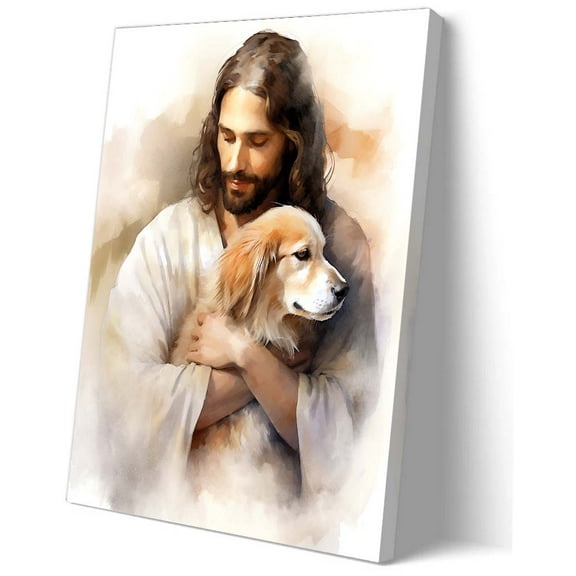 Jesus with Dog Wall Art Mercy Poster Decoration Modern Pictures Wall Hanging Bathroom Vertical Artwork Paintings on Canvas Prints Decorative Bedroom