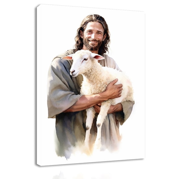 Jesus with Lamb Canvas Wall Art - Religious Inspirational Home Decor Frame