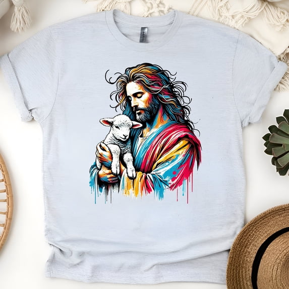 Jesus with Lamb T-Shirt | Christian Graphic Faith Tee for Women Men, Ash, Size M