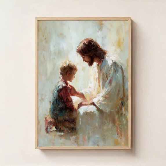 Jesus with a Child in a Sacred Moment Christian Bible Art, Unframed Paper Poster 8x10in
