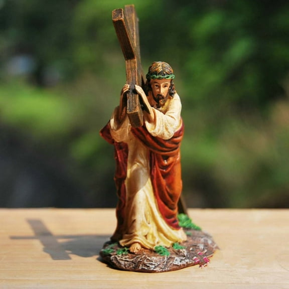 Jesusee Resin Cross Statue Religious Ornament,Hand-Crafted Catholic Figurine With Stable Stand,Decorative Home Table Sculpture for Living Room Office Prayer Space And Religious Gift Giving-Brown