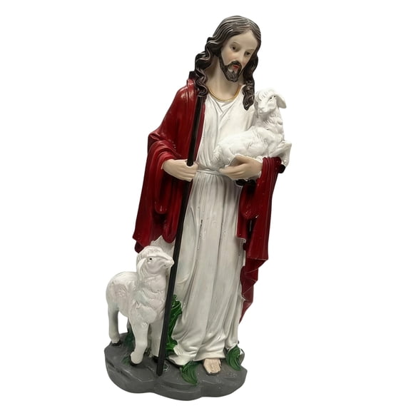 Jesuses Christs Statue with Lamb Hand Painted Good Shepherds Figurine Statue Modern Christian Home Decors Religious Gift