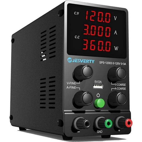 Jesverty DC Power Supply Variable, 0-120V 0-3A Adjustable Switching DC Regulated Bench Power Supply with High Precision 4-Digit LED Display, 5V/2A USB Port, Coarse and Fine Adjustment SPS-12003