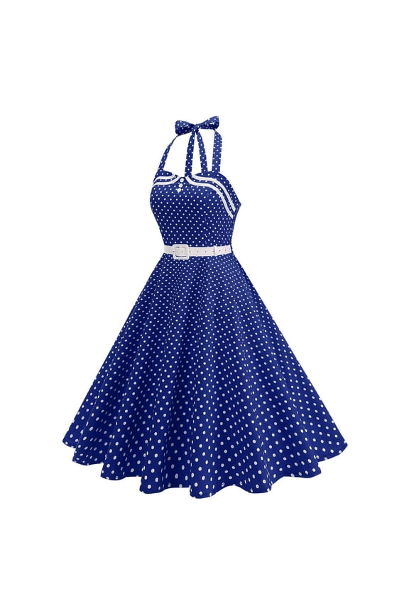 Cocktail Dresses for Women Polka 50S Vintage Buttons Belted Halter Neck Floral Hepburn Style A-Line Swing Dress for Prom Party