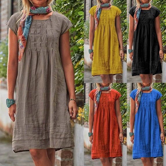 Jesvior Cotton Linen Dress for Women Solid Short Sleeve Round Neck Ruched T Shirts Dress Loose Fit A-Line Beach Dress Summer Classic Casual Vacation Clothes