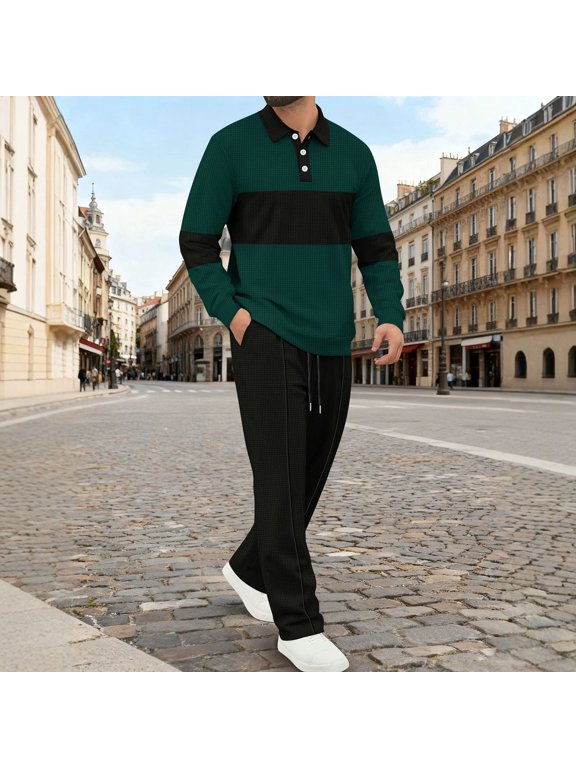 Men's 2 Piece Sweatsuit Set Long Sleeve Color Blocked Lapel Top and Straight-Leg Pants with Drawstring Waist,Casual Tracksuit for Lounging At Home, Walking,Light Jogging In Cooler Weather