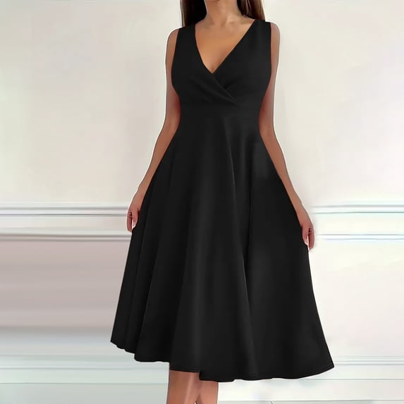 Jesvior Solid Wrap Dress for Women V Neck Sleeveless Pleated Casual Wedding Guest Evening Dress Summer A Line Casual Sundress