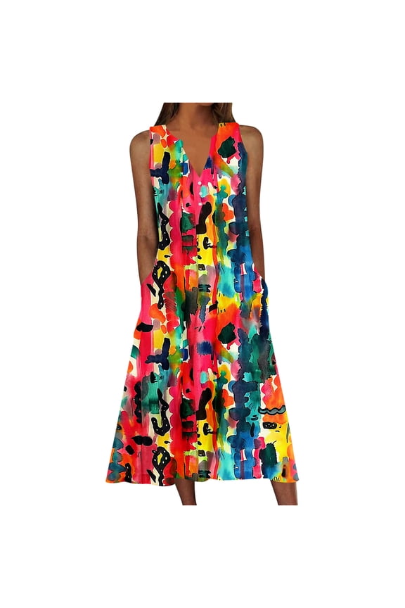 Sun Dresses Women Boho Floral Print Sleeveless V Neck Loose Flowy Midi Sundress with Pockets Elegant Summer Beach Vacation Clothes
