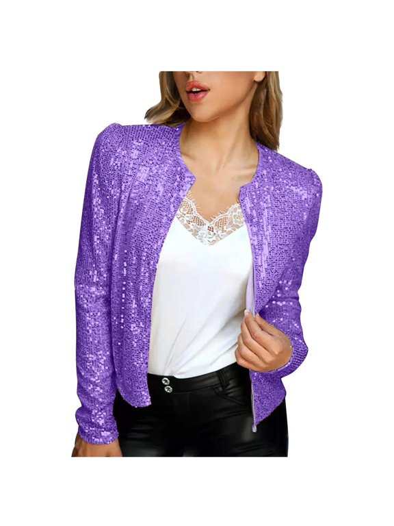 Women Open Front Sequin Jacket Long Sleeve Short Blazer Casual Cardigan Coat with Pockets for Party Wedding Club