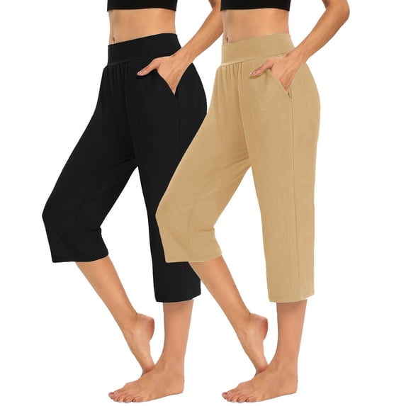 Jesvior Women'S 2Pc Cropped Pants Elastic Waist Drawstring Stretchy Wide Leg Casual Palazzo Pants with Pockets for Spring Summer Lounge