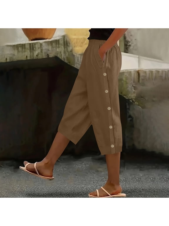 Women'S Casual Capri Pants with Pockets Elastic Waist Summer Cropped Trousers Cotton Blend Joggers for Workout Lounge