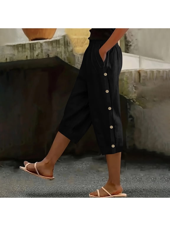 Women'S Casual Capri Pants with Pockets Elastic Waist Summer Cropped Trousers Cotton Blend Joggers for Workout Lounge