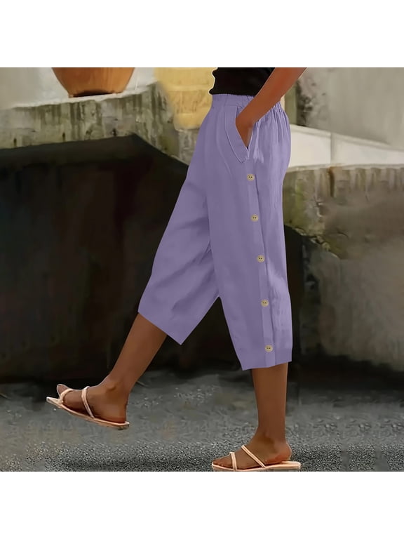 Women'S Casual Capri Pants with Pockets Elastic Waist Summer Cropped Trousers Cotton Blend Joggers for Workout Lounge