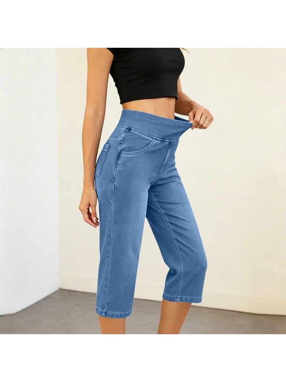 Women'S Cropped Denim Pants Elastic High Waist Pull-On Straight Leg Jeans with Pockets Casual Stretch Trousers for Daily