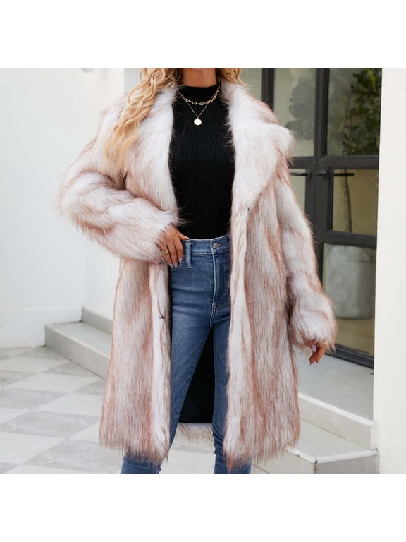 Women'S Faux Fur Long Coat Jacket Winter Warm V-Neck Solid Outerwear Casual Fashion Polyester Overcoat for Daily Party Lounge