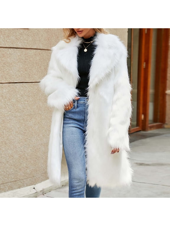 Women'S Faux Fur Long Coat Jacket Winter Warm V-Neck Solid Outerwear Casual Fashion Polyester Overcoat for Daily Party Lounge