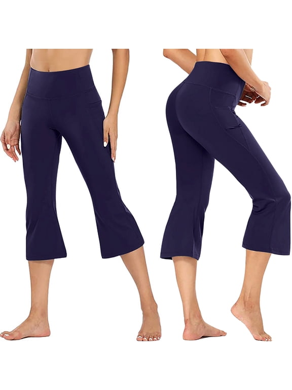 Women'S Flared Capri Pants Elastic Waist Cropped Pants with Pockets Casual Stretchy Yoga Trousers for Summer Daily