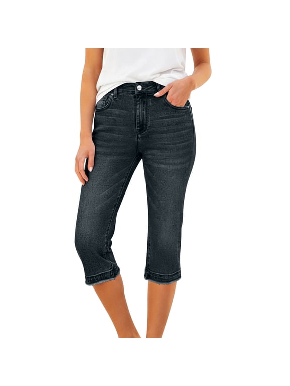 Women'S High Waisted Distressed Hem Denim Capris Casual Summer Stretch Pocket Jeans Cropped Pants Trendy Fashion Trousers for Daily Wear