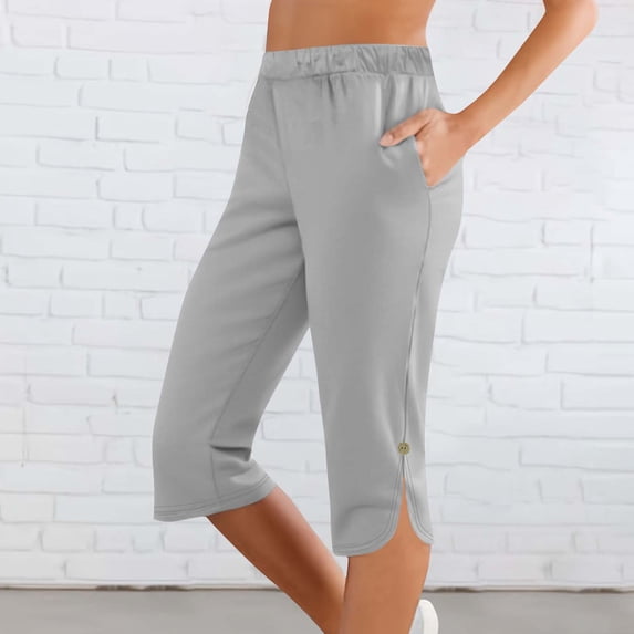 Jesvior Women'S High Waisted Elastic Waist Capri Pants Casual Solid Casual Pants Side Pockets Drawstring Summer Cropped Trousers for Lounge Beach