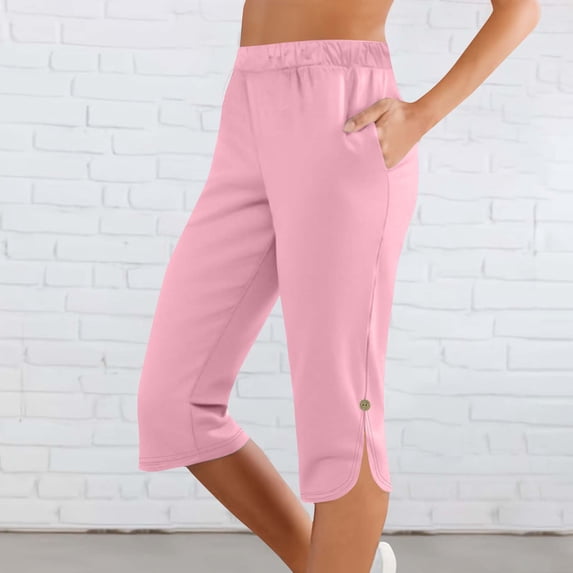 Jesvior Women'S High Waisted Elastic Waist Capri Pants Casual Solid Casual Pants Side Pockets Drawstring Summer Cropped Trousers for Lounge Beach