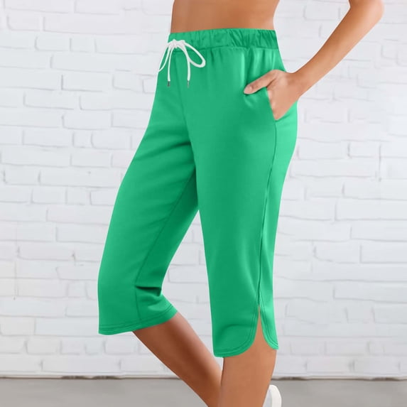 Jesvior Women'S High Waisted Elastic Waist Capri Pants Casual Solid Pull On Cropped Pants with Pockets for Summer Lounge