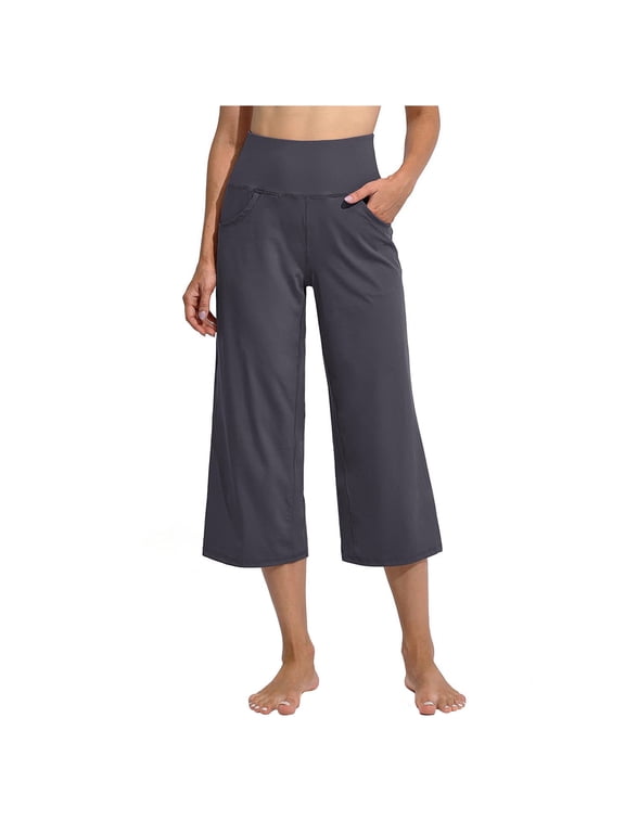 Women'S High Waisted Yoga Capris Wide Leg Sports Fitness Pants Casual Lounge Trousers with Pockets for Daily Gym Workout