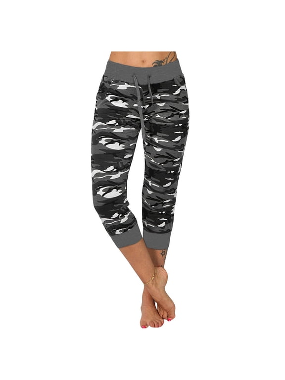 Women'S Yoga Camouflage Printed Drawcord Capris Casual Cropped Leggings Stretchy Pants for Lounge Gym Workout