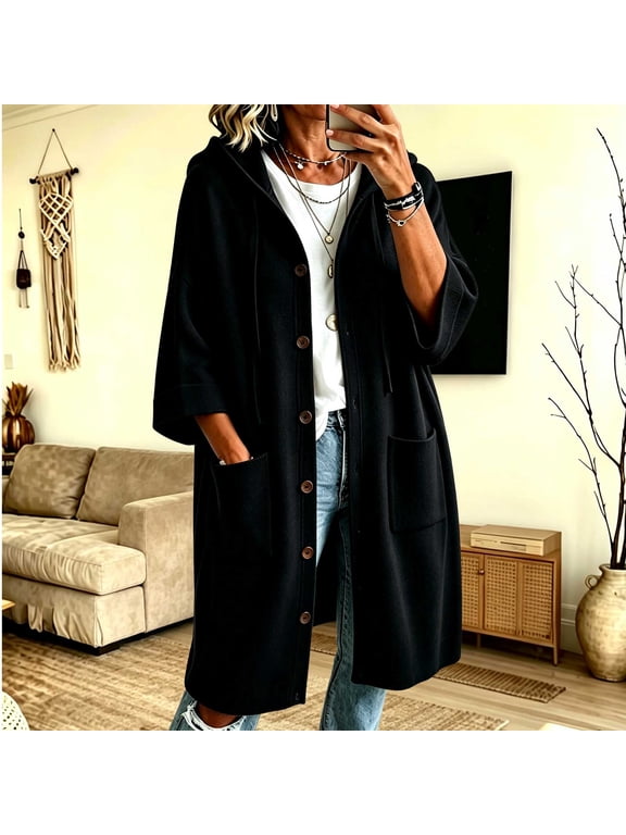 Women's Casual Hooded Knit Coat with 3/4 Sleeves and Button Closure,Mid-Length Solid Color Outerwear for Fall Layering, Weekend Errands, and Coffee Shop Strolls