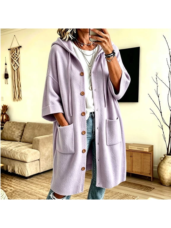 Women's Casual Hooded Knit Coat with 3/4 Sleeves and Button Closure,Mid-Length Solid Color Outerwear for Fall Layering, Weekend Errands, and Coffee Shop Strolls