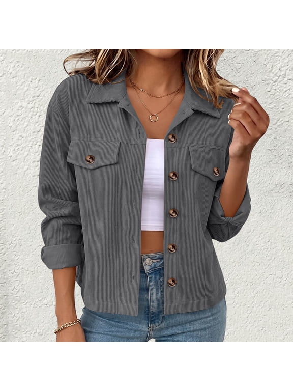 Women's Corduroy Button-Front Cardigan Jacket,Mid-Length Long Sleeve Lapel Collar Shacket for Coffee Meetups, Weekend Shopping Trips and Casual Outdoor Strolls