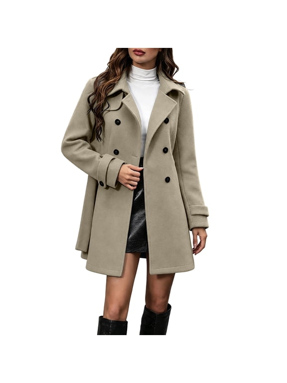 Women's Elegant Double-Breasted Mid-Length Belted Overcoat with Notched Lapel Collar Long Sleeve Tailored Dress Coat for Office Commuting and Winter City Strolls