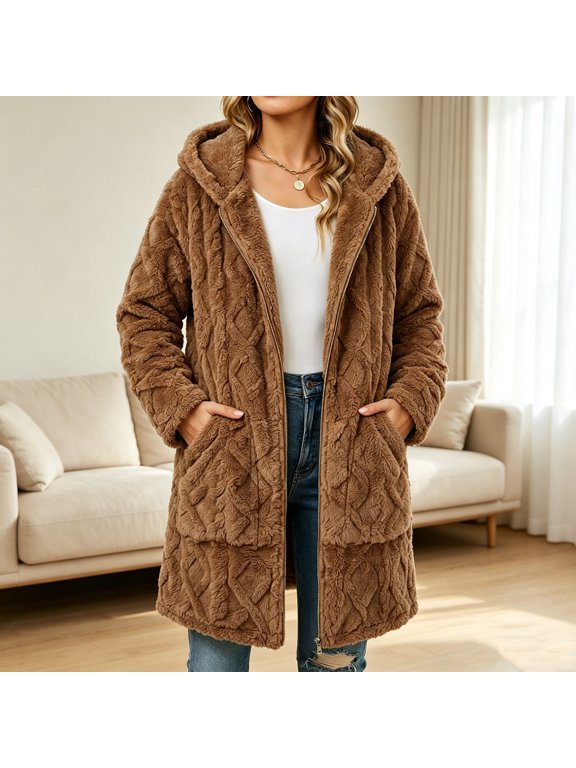 Women's Faux Coat Mid-Length Winter Outerwear with Hood, Long Sleeve Zip-Up Casual Jacket for Holiday Parties, Date Nights, and Weekend City Strolls