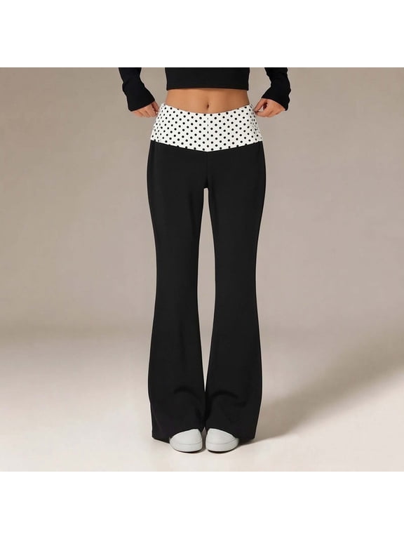 Women's Flare Pants Polka Dot Fold Over High Waist Stretchy Yoga Leggings Soft Casual Workout Trousers for Pilates Dance Class Weekend Lounging