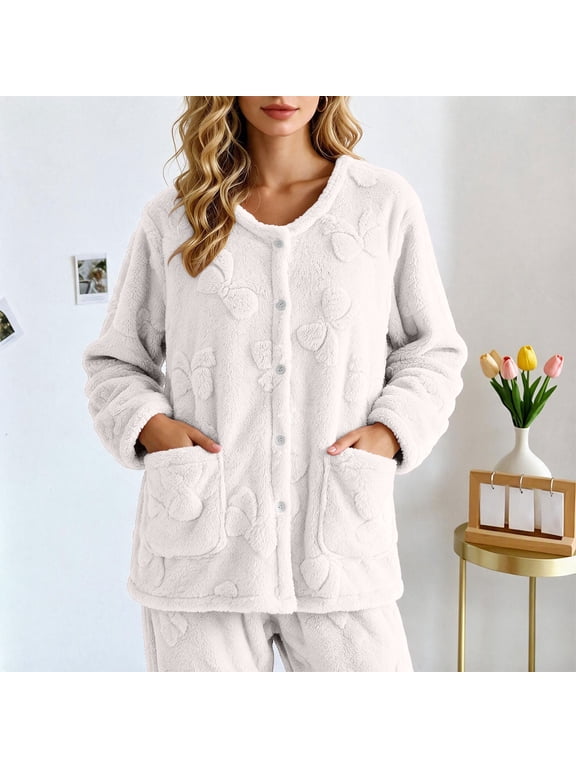 Women's Fleece Button-Down Pajama Coat Mid-Length Long Sleeve Round Neck Lounge Jacket with Pockets,Cozy Winter Bedtime Wear, Casual Coffee Run Outer Layer, Soft Embossed Floral Home Top